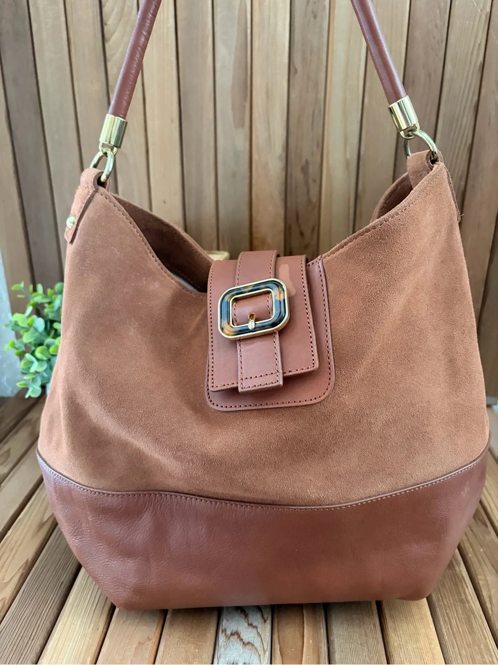 Talbots Brown Suede & Leather Hobo Shoulder Bag Tortoise Buckle